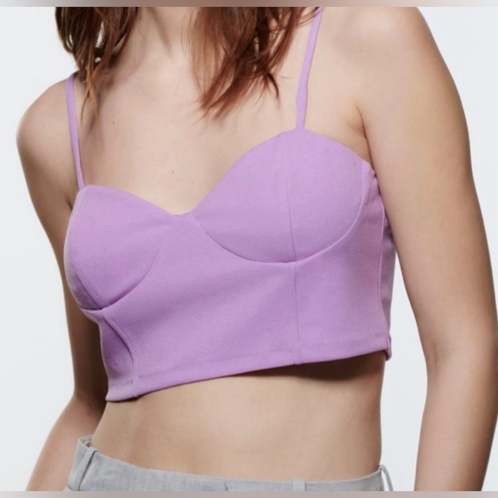 NWOT ZARA Lilac Crop Top Bustier Style Spaghetti Strap Size L - Picture 1 of 7